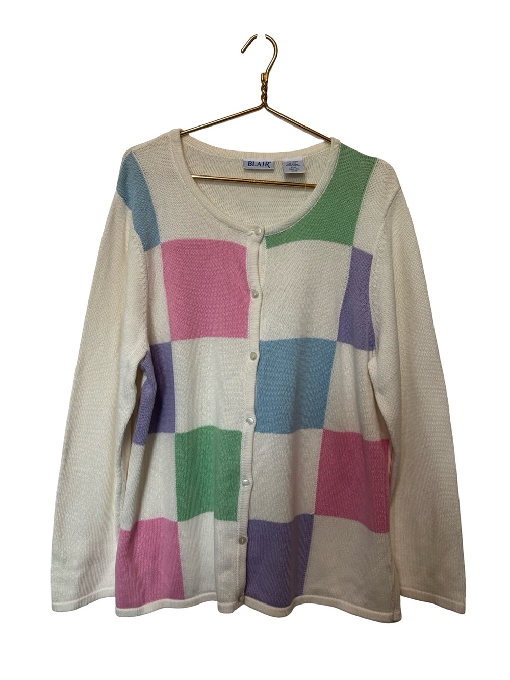 Vintage 100% Cotton Blair Women's Pastel Checkerboard Button-Up Cardigan